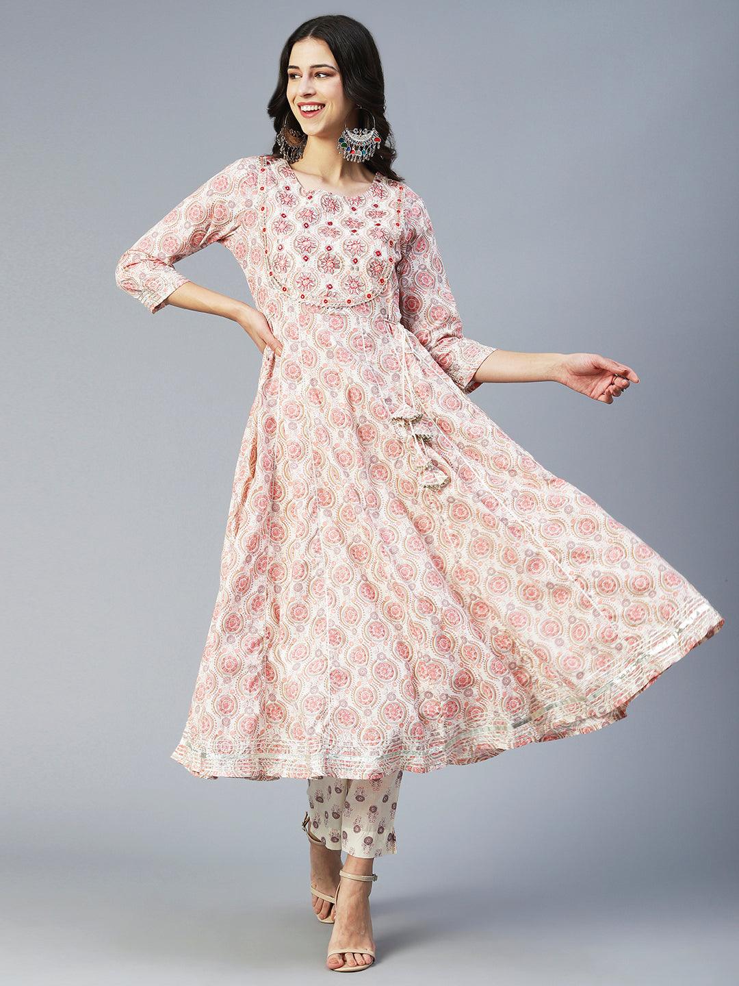 Ethnic Printed & Embroidered Anarkali Kurta with Pant & Dupatta - Peach - Indiakreations