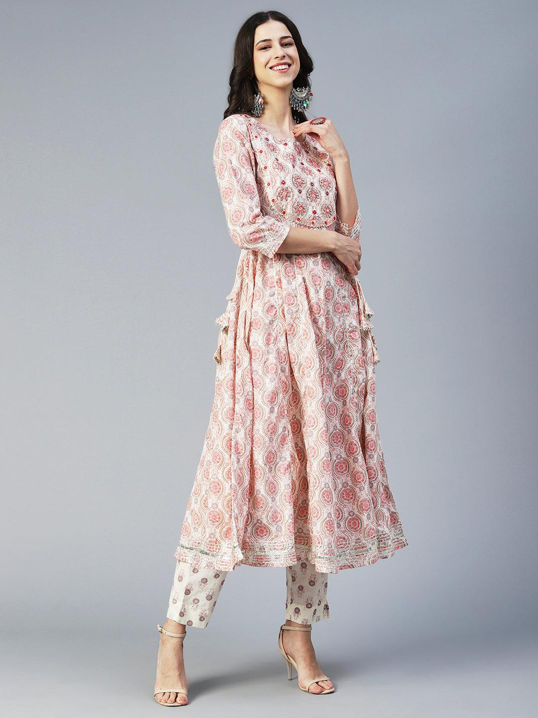 Ethnic Printed & Embroidered Anarkali Kurta with Pant & Dupatta - Peach - Indiakreations