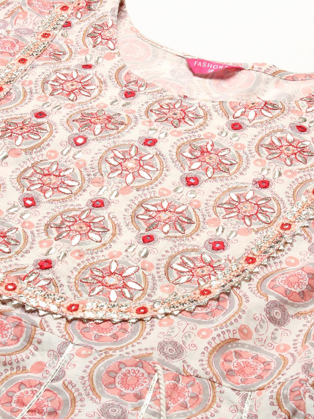 Ethnic Printed & Embroidered Anarkali Kurta with Pant & Dupatta - Peach - Indiakreations