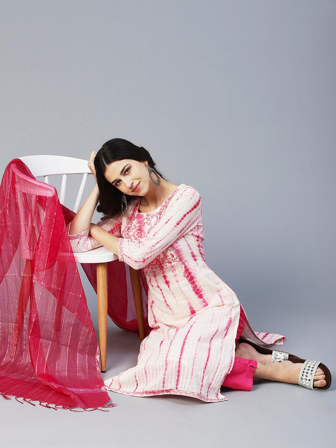 Tie-Dyed & Embroidered Straight Kurta with Pant & Dupatta - Off White - Indiakreations