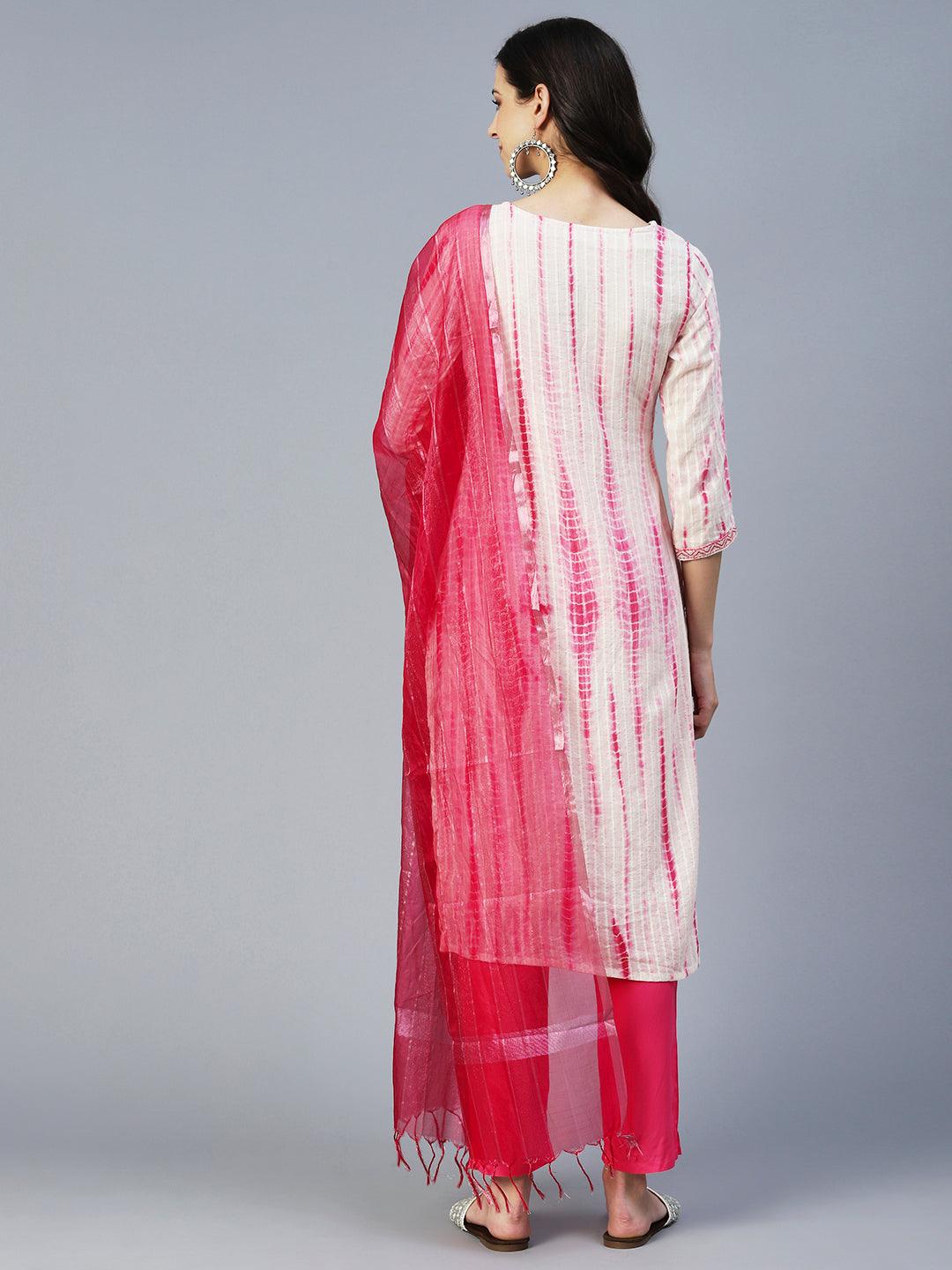 Tie-Dyed & Embroidered Straight Kurta with Pant & Dupatta - Off White - Indiakreations