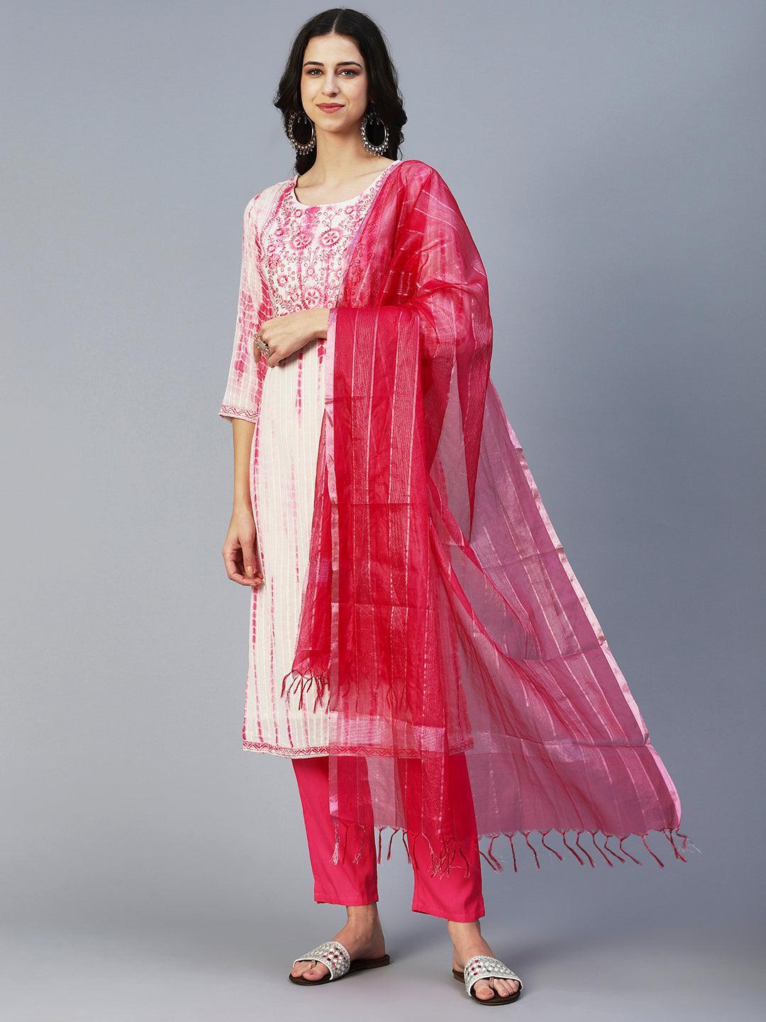 Tie-Dyed & Embroidered Straight Kurta with Pant & Dupatta - Off White - Indiakreations