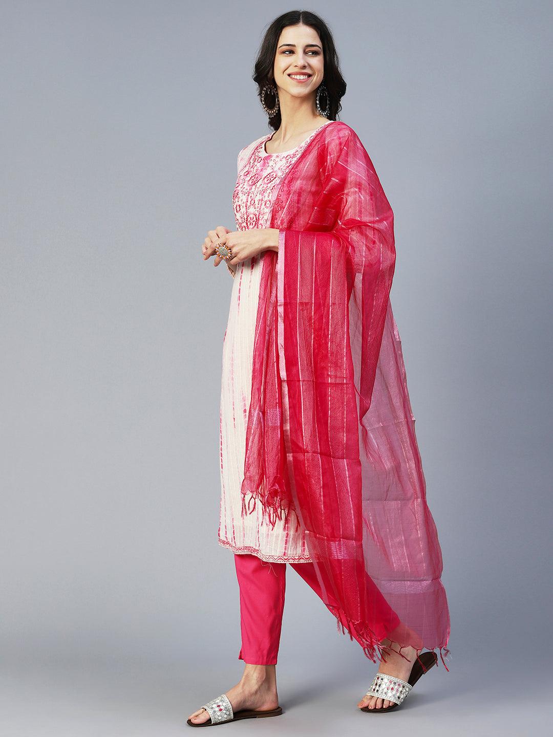 Tie-Dyed & Embroidered Straight Kurta with Pant & Dupatta - Off White - Indiakreations