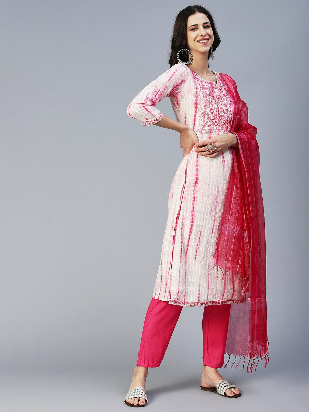 Tie-Dyed & Embroidered Straight Kurta with Pant & Dupatta - Off White - Indiakreations