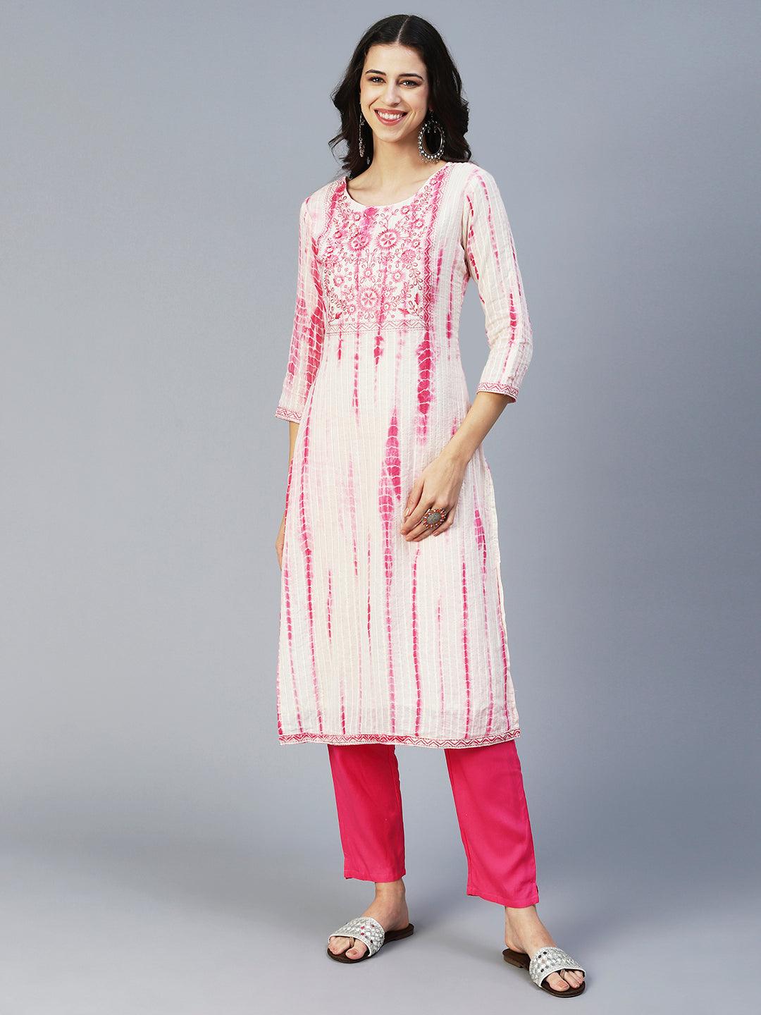 Tie-Dyed & Embroidered Straight Kurta with Pant & Dupatta - Off White - Indiakreations