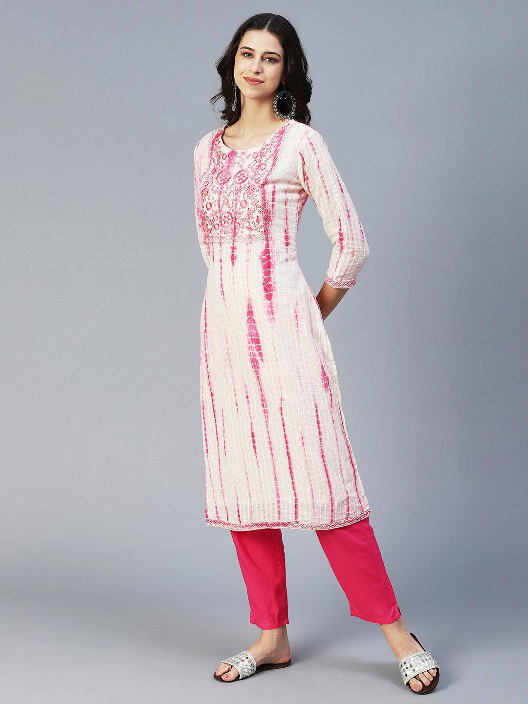 Tie-Dyed & Embroidered Straight Kurta with Pant & Dupatta - Off White - Indiakreations