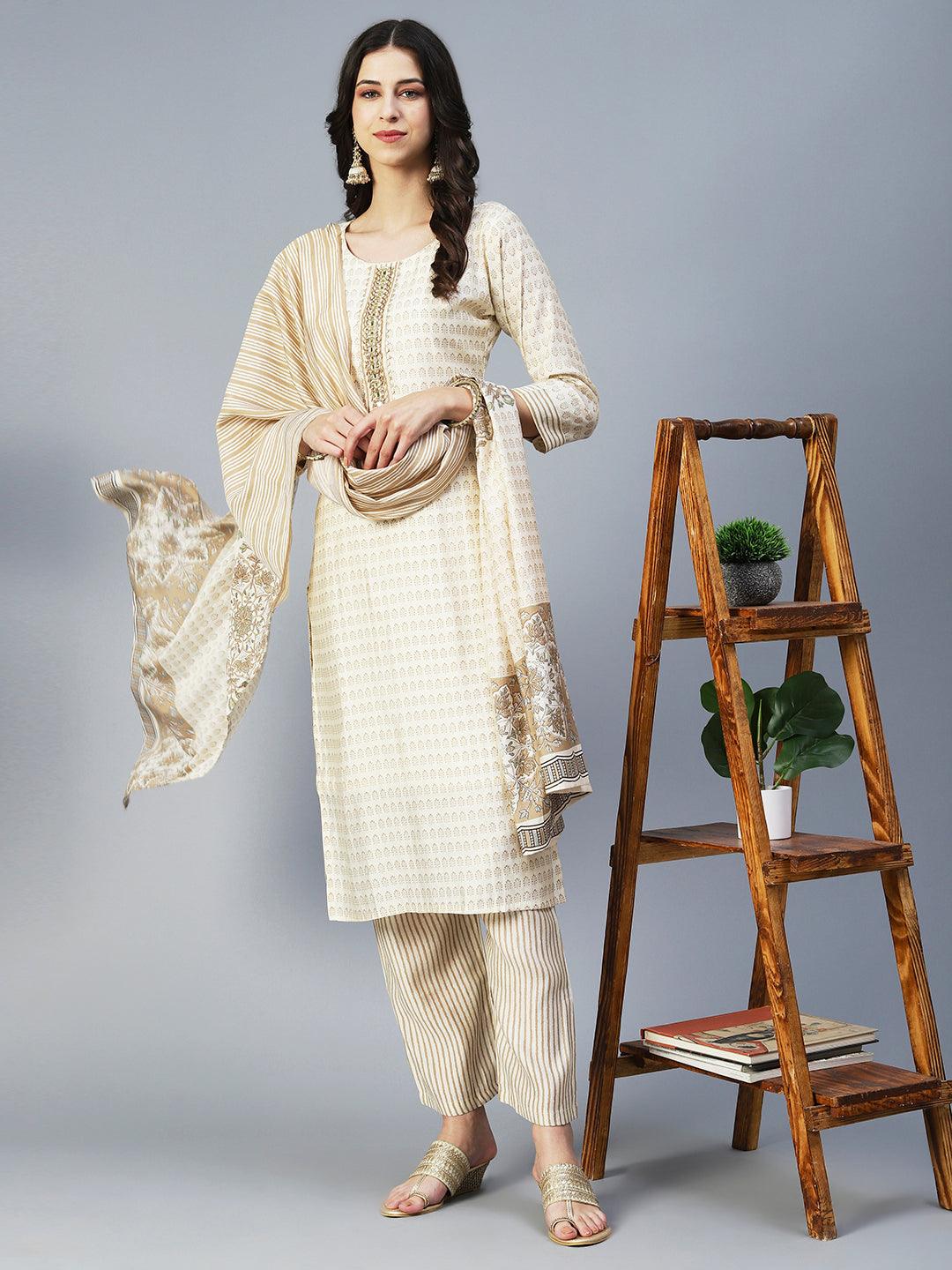 Ethnic Printed & Hand Embroidered Straight Kurta with Pant & Dupatta - Cream - Indiakreations