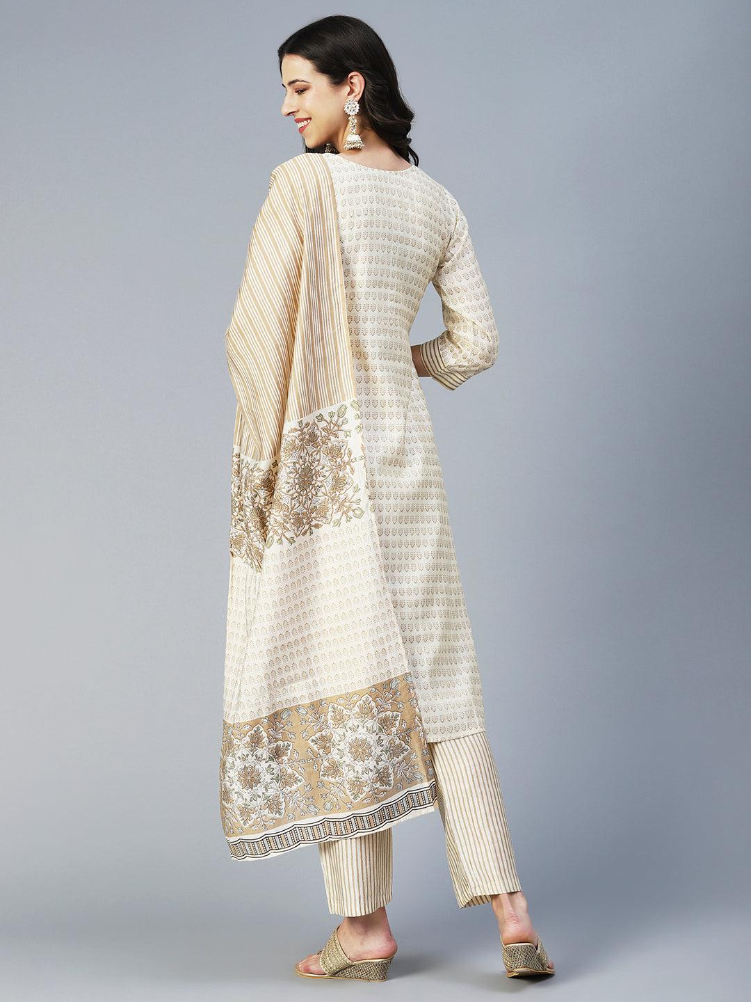 Ethnic Printed & Hand Embroidered Straight Kurta with Pant & Dupatta - Cream - Indiakreations