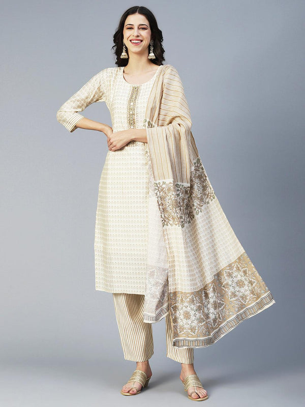 Ethnic Printed & Hand Embroidered Straight Kurta with Pant & Dupatta - Cream - Indiakreations