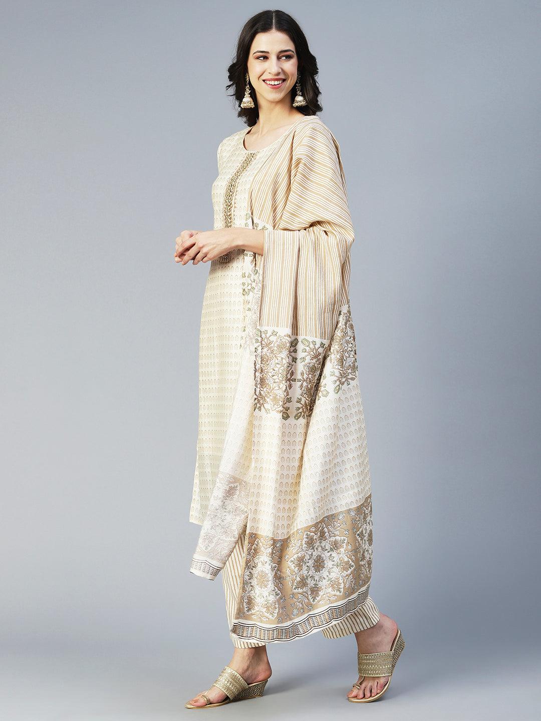 Ethnic Printed & Hand Embroidered Straight Kurta with Pant & Dupatta - Cream - Indiakreations