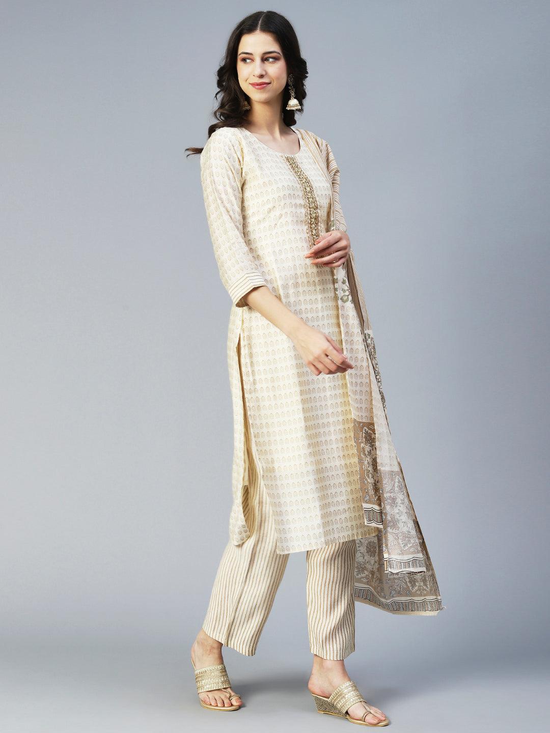 Ethnic Printed & Hand Embroidered Straight Kurta with Pant & Dupatta - Cream - Indiakreations