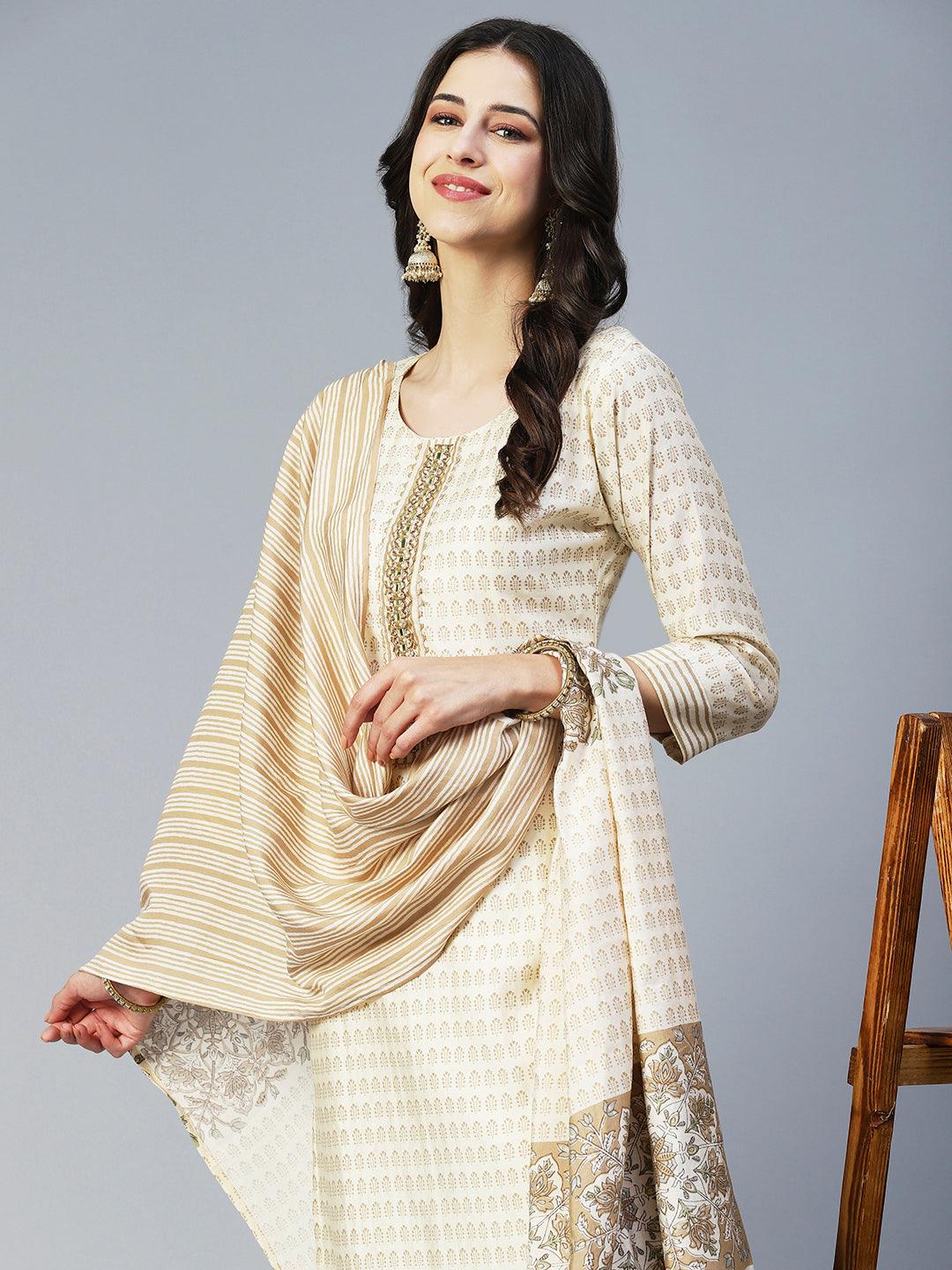 Ethnic Printed & Hand Embroidered Straight Kurta with Pant & Dupatta - Cream - Indiakreations