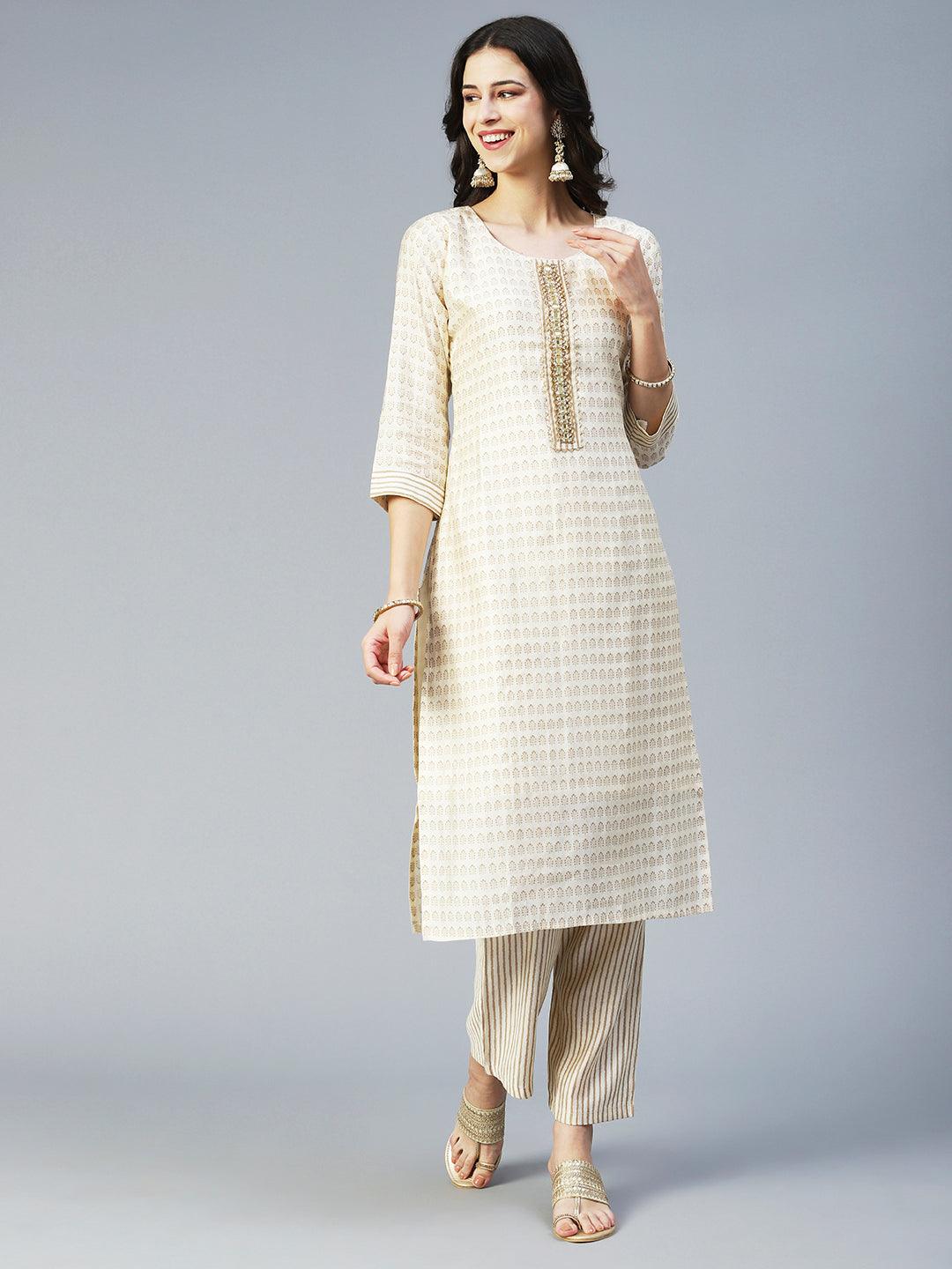 Ethnic Printed & Hand Embroidered Straight Kurta with Pant & Dupatta - Cream - Indiakreations