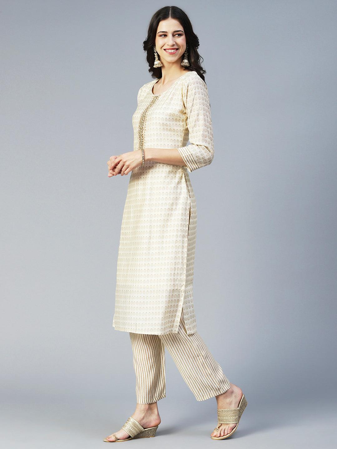 Ethnic Printed & Hand Embroidered Straight Kurta with Pant & Dupatta - Cream - Indiakreations