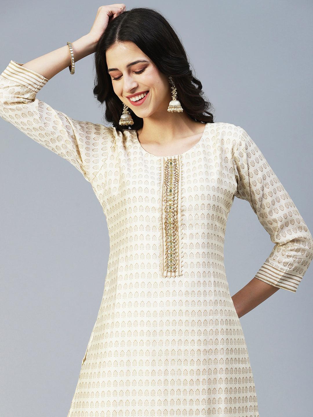 Ethnic Printed & Hand Embroidered Straight Kurta with Pant & Dupatta - Cream - Indiakreations