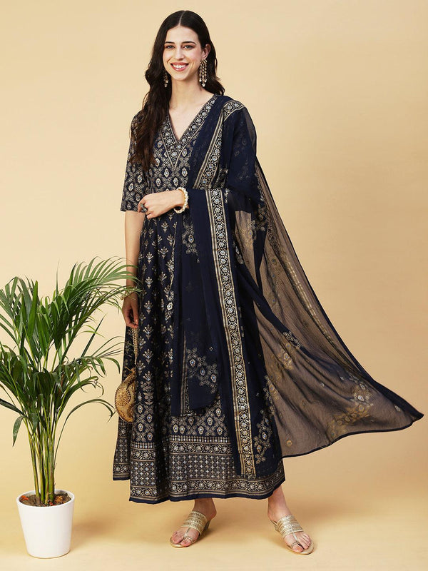 Golden Khari Printed Anarkali Dress With Printed Dupatta - Navy Blue - Indiakreations