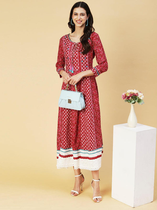 Floral Printed Embroidered Paneled Dress - Maroon - Indiakreations