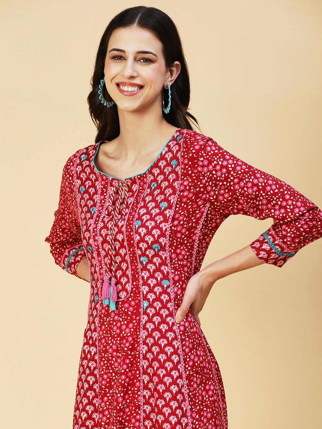 Floral Printed Embroidered Paneled Dress - Maroon - Indiakreations