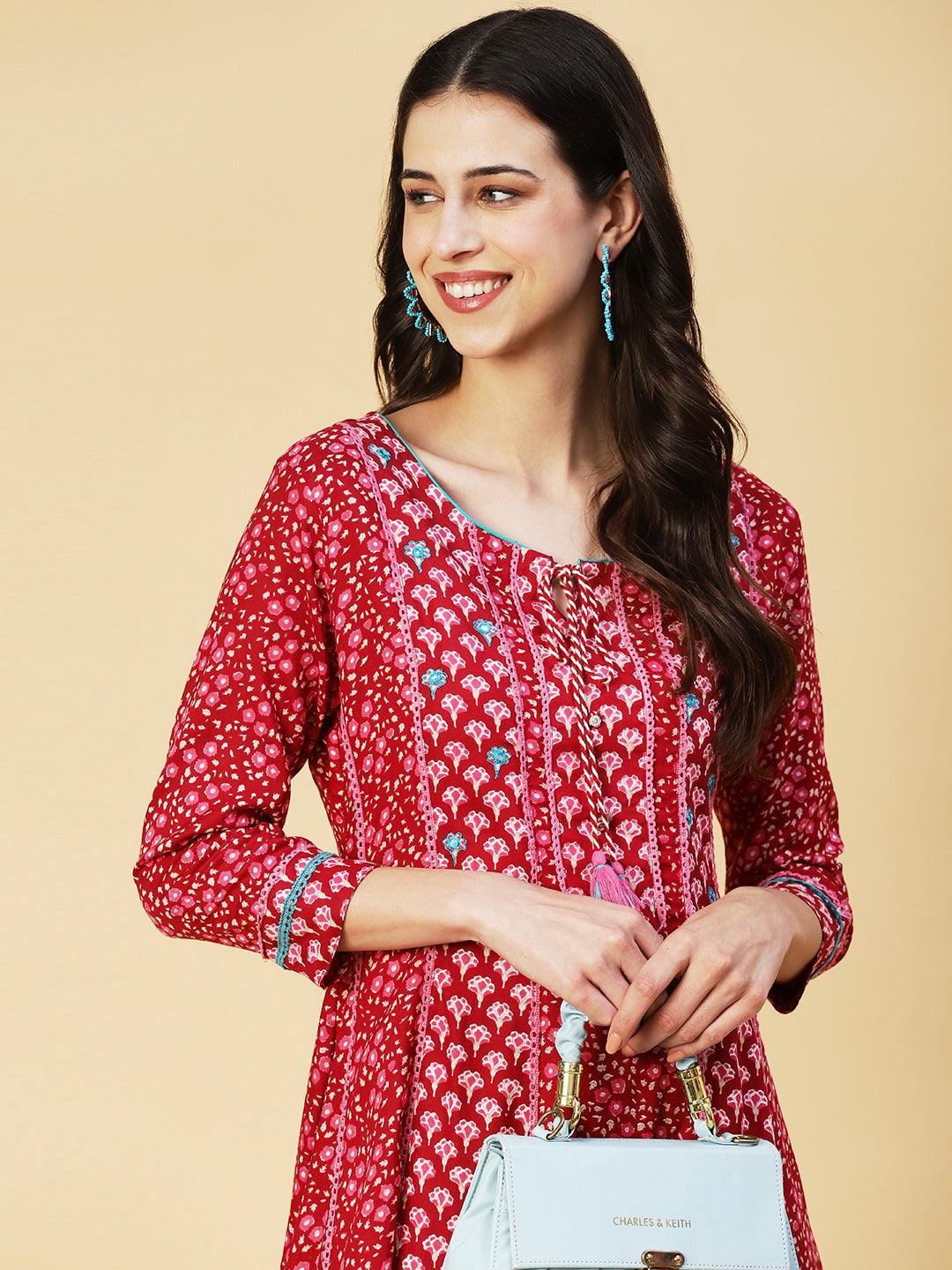 Floral Printed Embroidered Paneled Dress - Maroon - Indiakreations