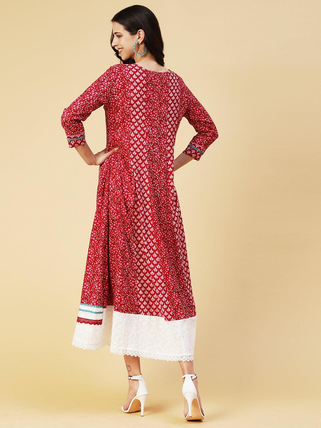 Floral Printed Embroidered Paneled Dress - Maroon - Indiakreations