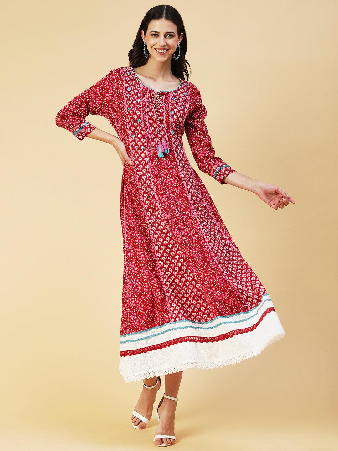 Floral Printed Embroidered Paneled Dress - Maroon - Indiakreations