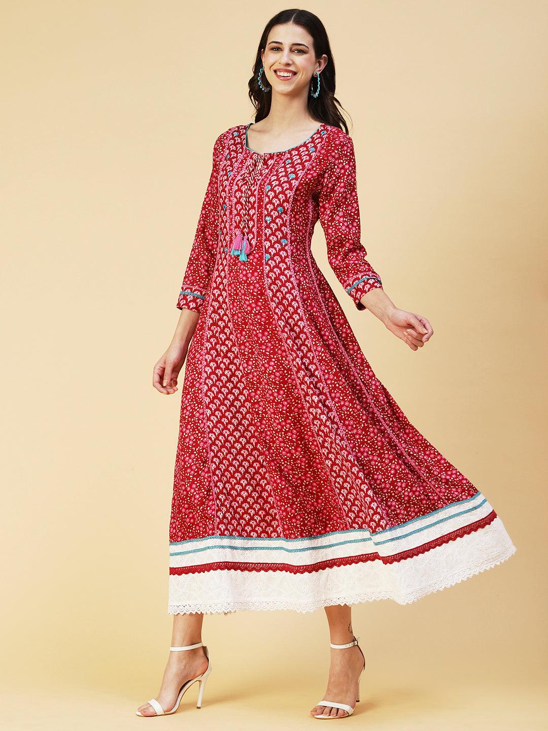 Floral Printed Embroidered Paneled Dress - Maroon - Indiakreations