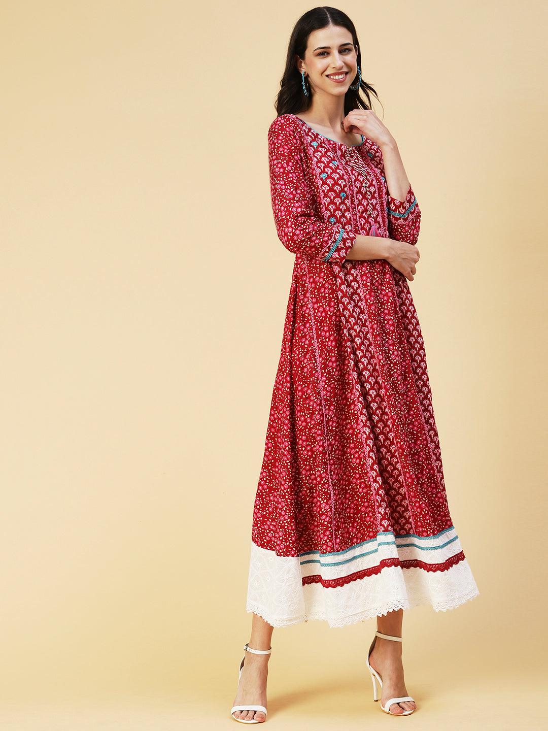 Floral Printed Embroidered Paneled Dress - Maroon - Indiakreations