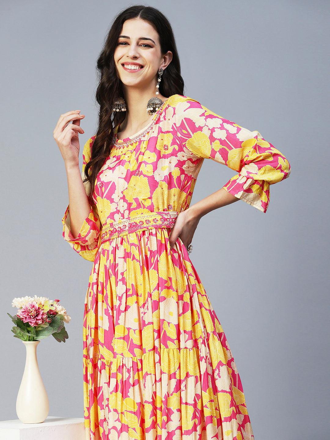 Floral Printed & Hand Embroidered Fit & Flare Maxi Dress - Multi - Indiakreations