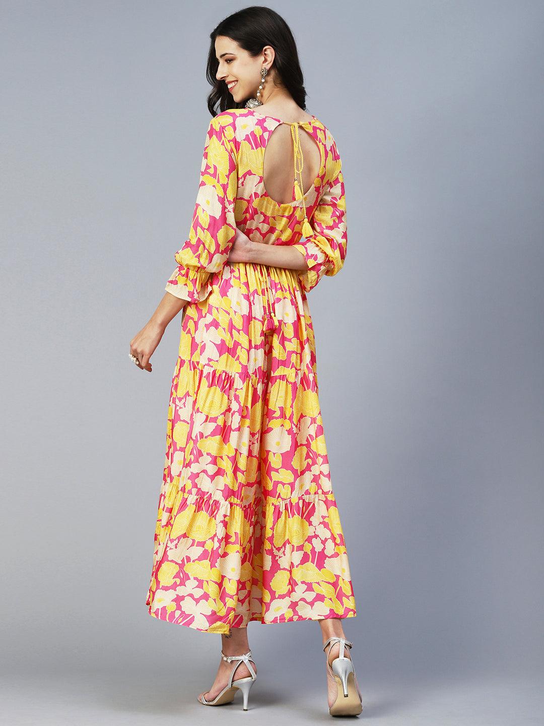 Floral Printed & Hand Embroidered Fit & Flare Maxi Dress - Multi - Indiakreations