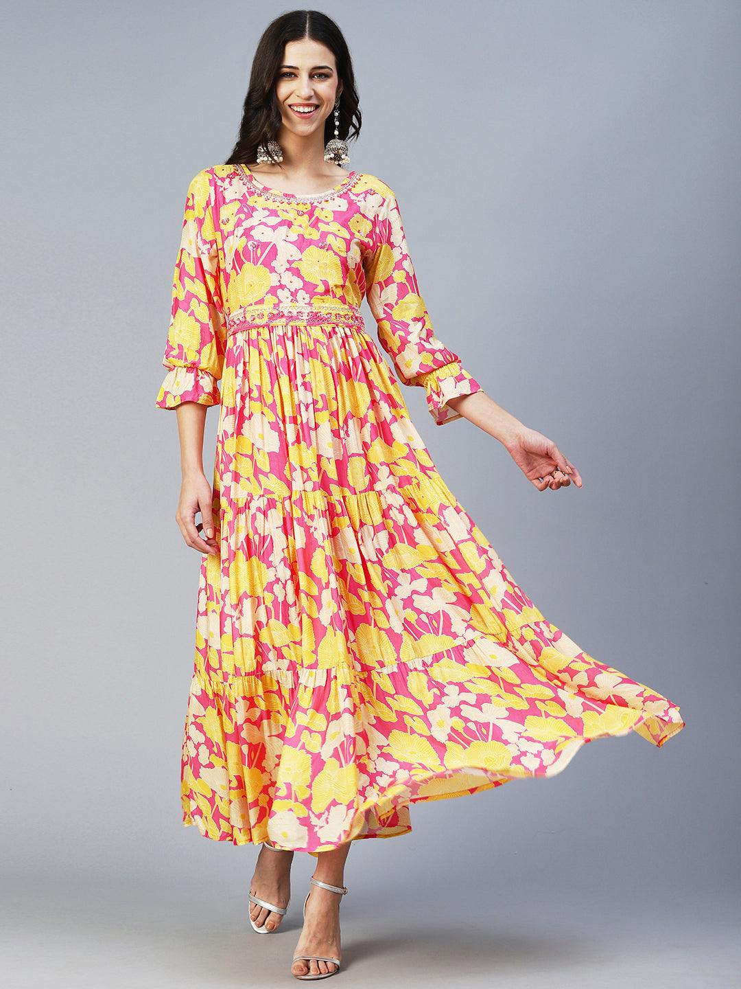 Floral Printed & Hand Embroidered Fit & Flare Maxi Dress - Multi - Indiakreations