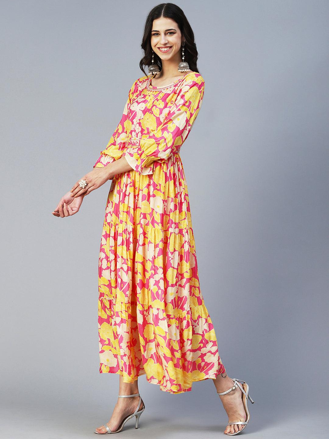 Floral Printed & Hand Embroidered Fit & Flare Maxi Dress - Multi - Indiakreations