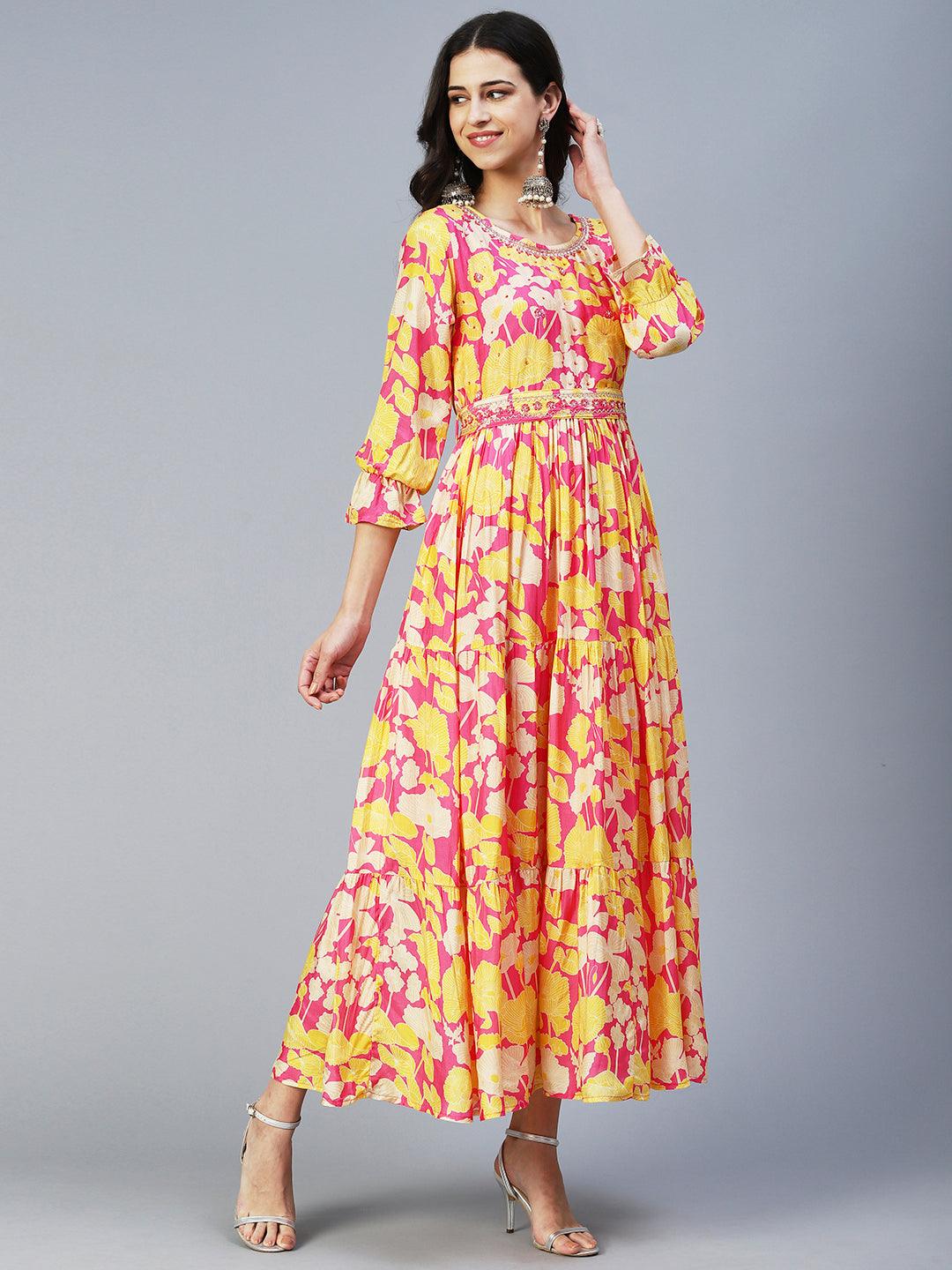 Floral Printed & Hand Embroidered Fit & Flare Maxi Dress - Multi - Indiakreations