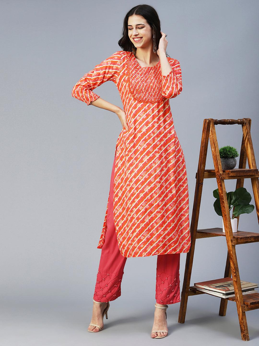 Lehriya Mirror Embroidered Smocked Kurta - Orange - Indiakreations