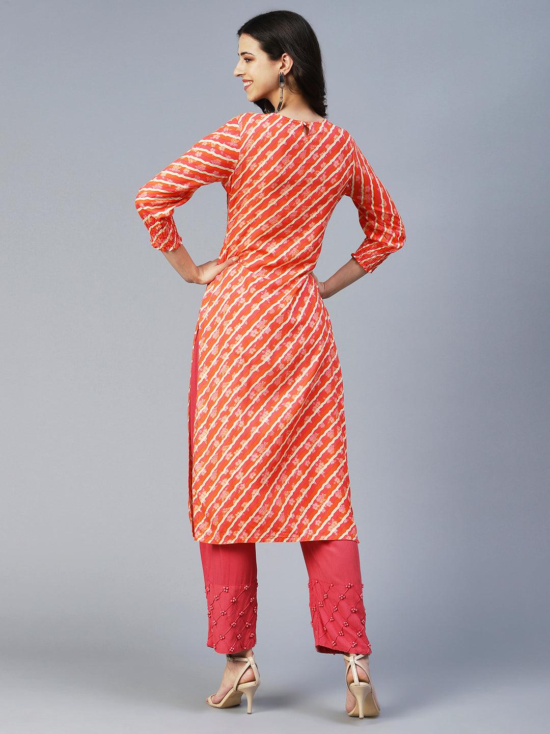 Lehriya Mirror Embroidered Smocked Kurta - Orange - Indiakreations