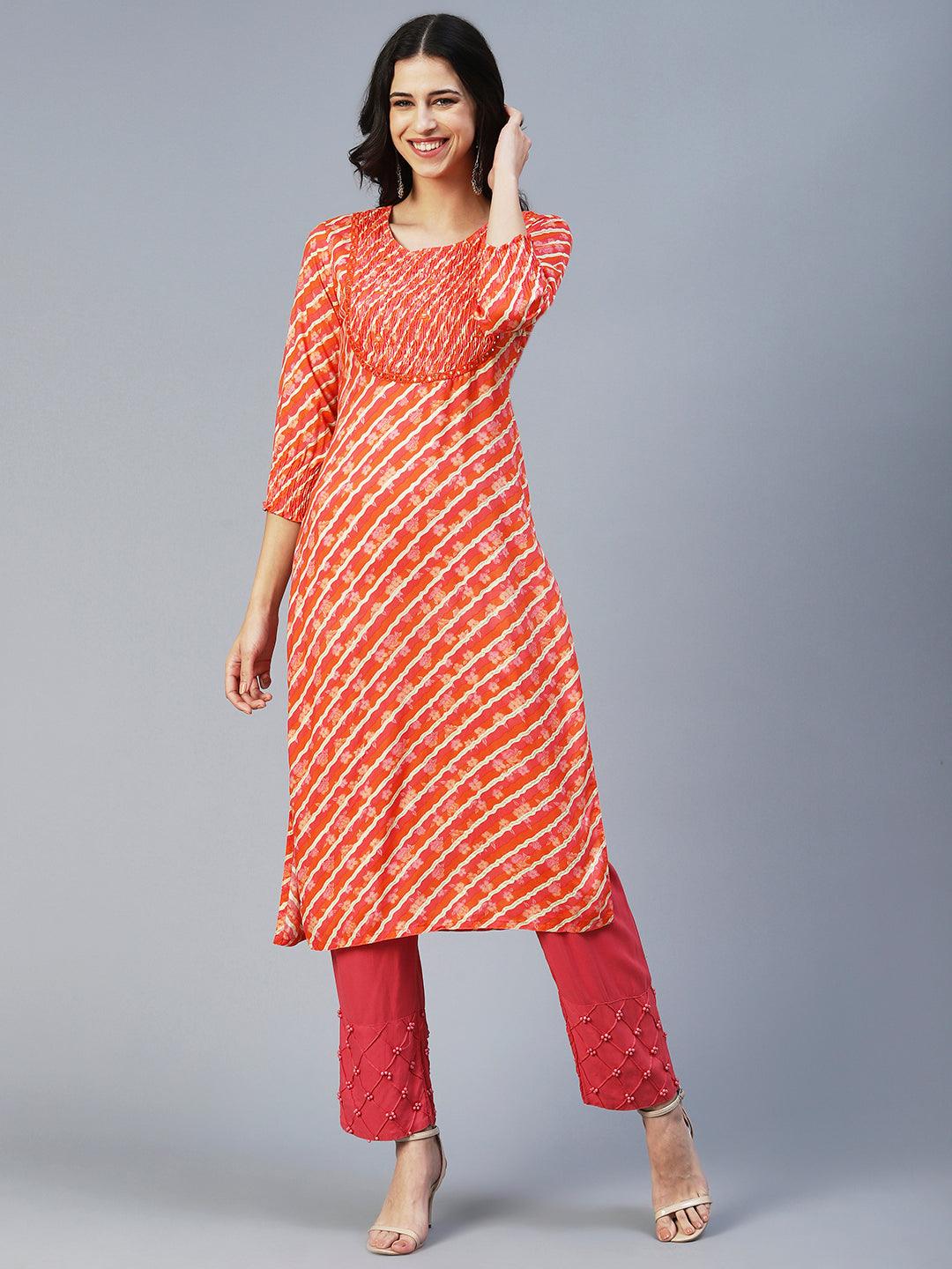 Lehriya Mirror Embroidered Smocked Kurta - Orange - Indiakreations