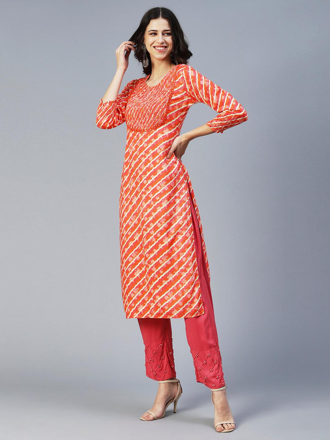 Lehriya Mirror Embroidered Smocked Kurta - Orange - Indiakreations