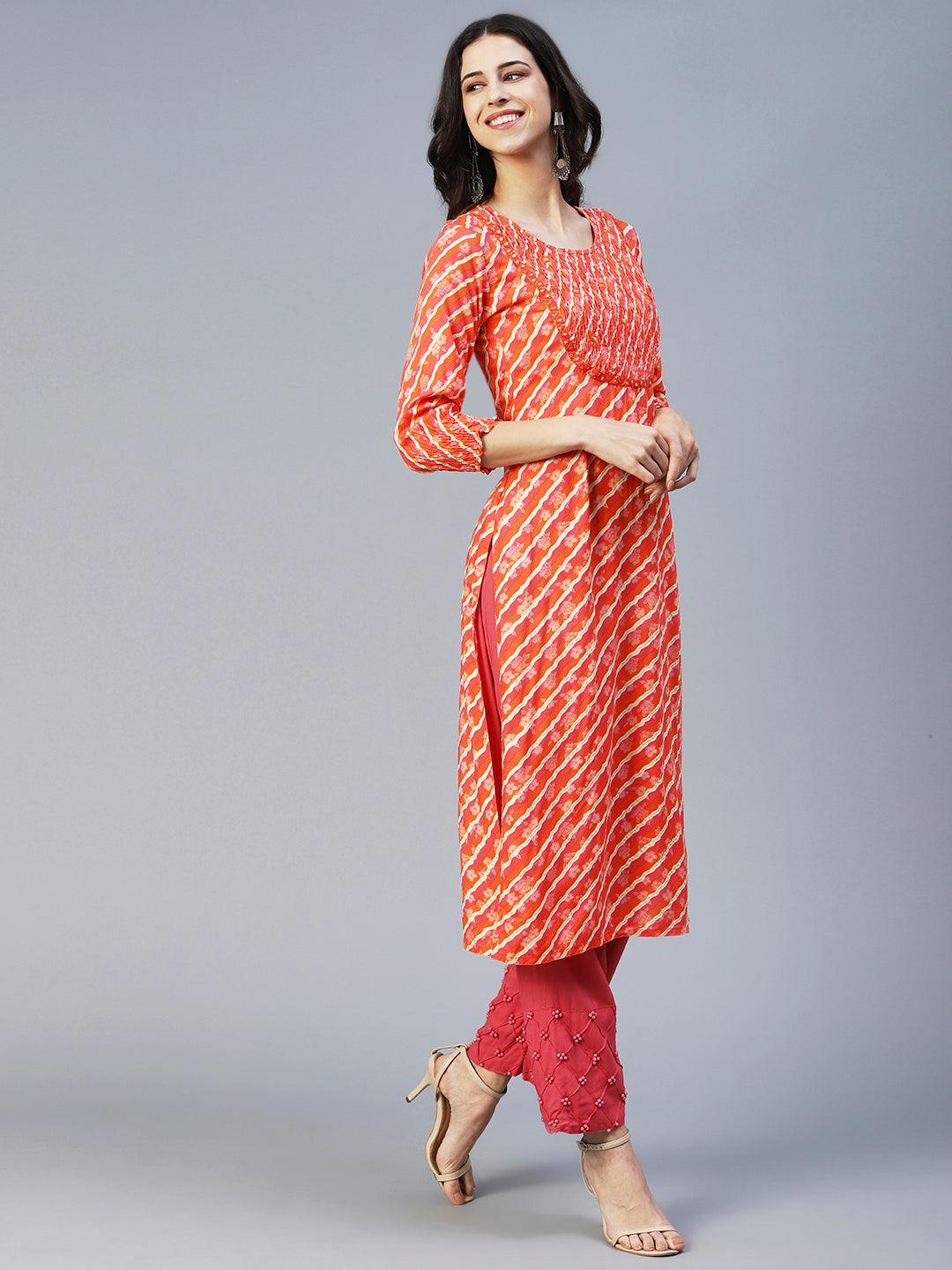 Lehriya Mirror Embroidered Smocked Kurta - Orange - Indiakreations