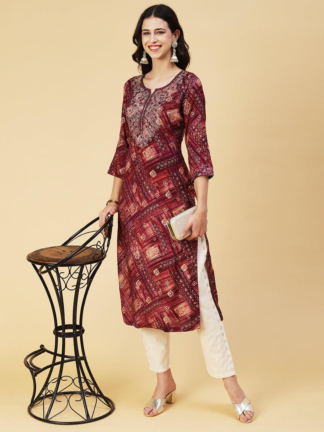 Abstract Printed Mirror Embroidered Kurta - Dark Mauve - Indiakreations