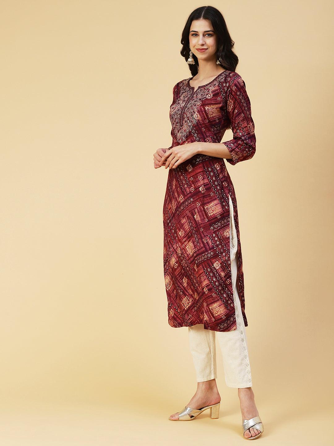 Abstract Printed Mirror Embroidered Kurta - Dark Mauve - Indiakreations