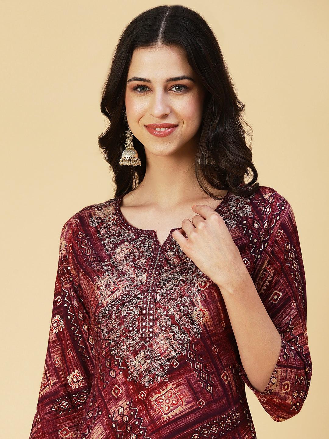 Abstract Printed Mirror Embroidered Kurta - Dark Mauve - Indiakreations