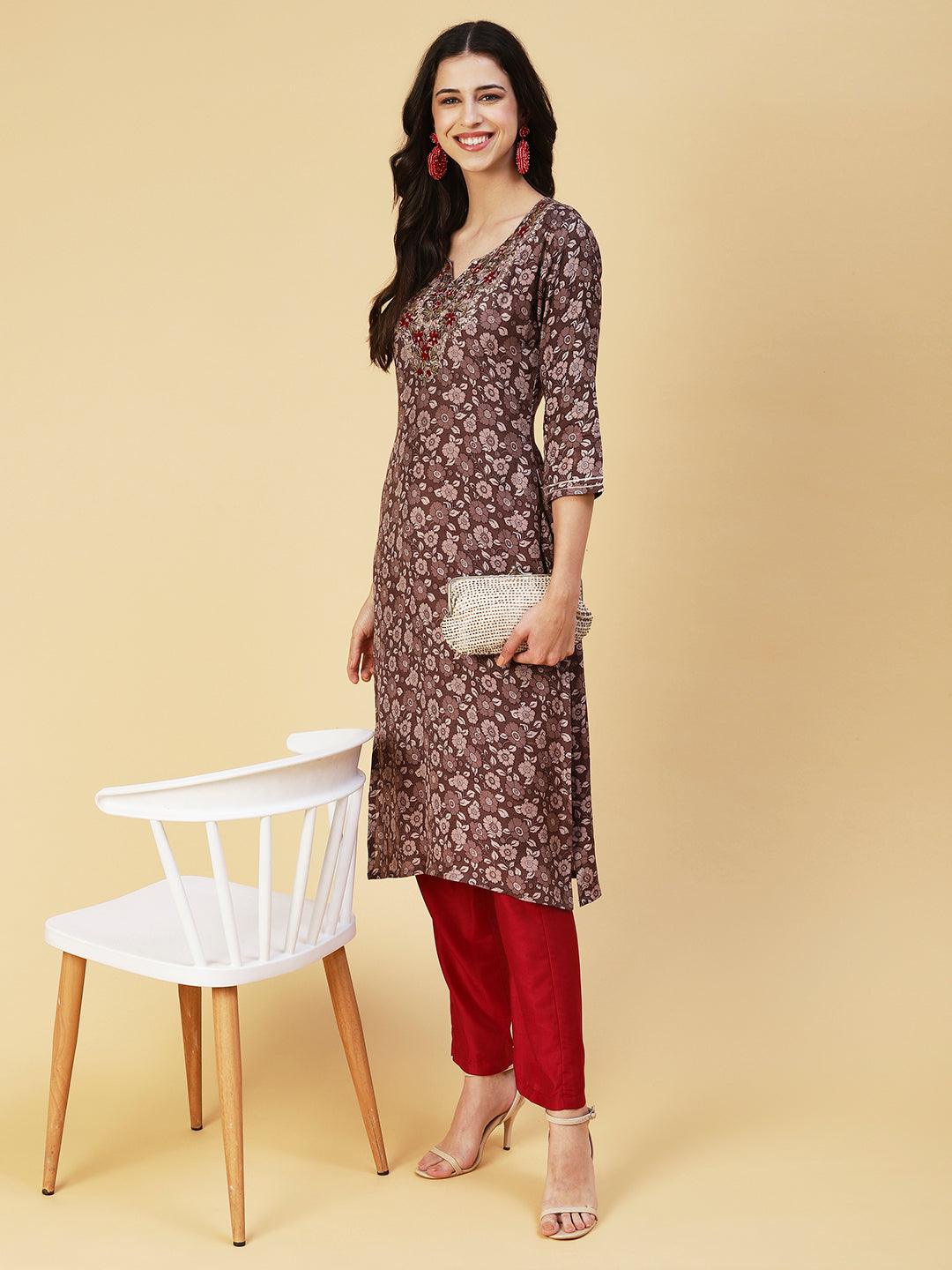 Floral Printed Hand Embroidered Kurta - Coffee Brown - Indiakreations