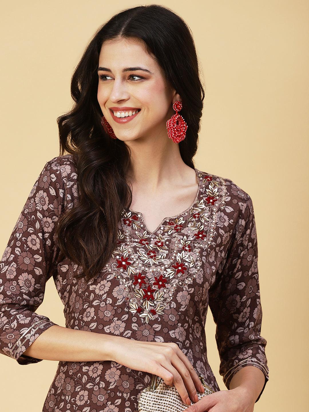 Floral Printed Hand Embroidered Kurta - Coffee Brown - Indiakreations