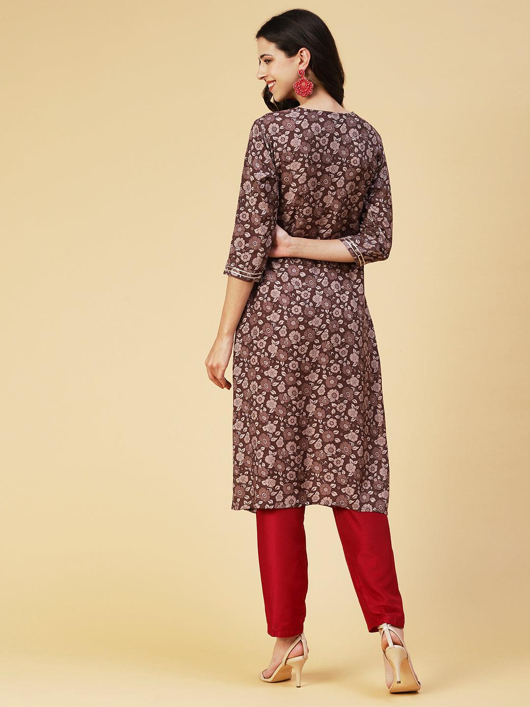 Floral Printed Hand Embroidered Kurta - Coffee Brown - Indiakreations