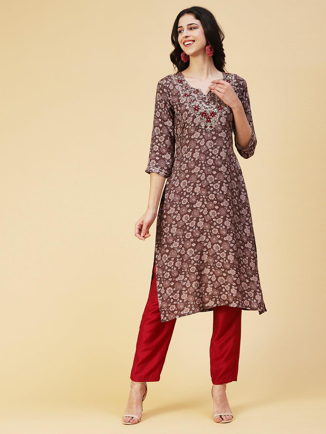 Floral Printed Hand Embroidered Kurta - Coffee Brown - Indiakreations