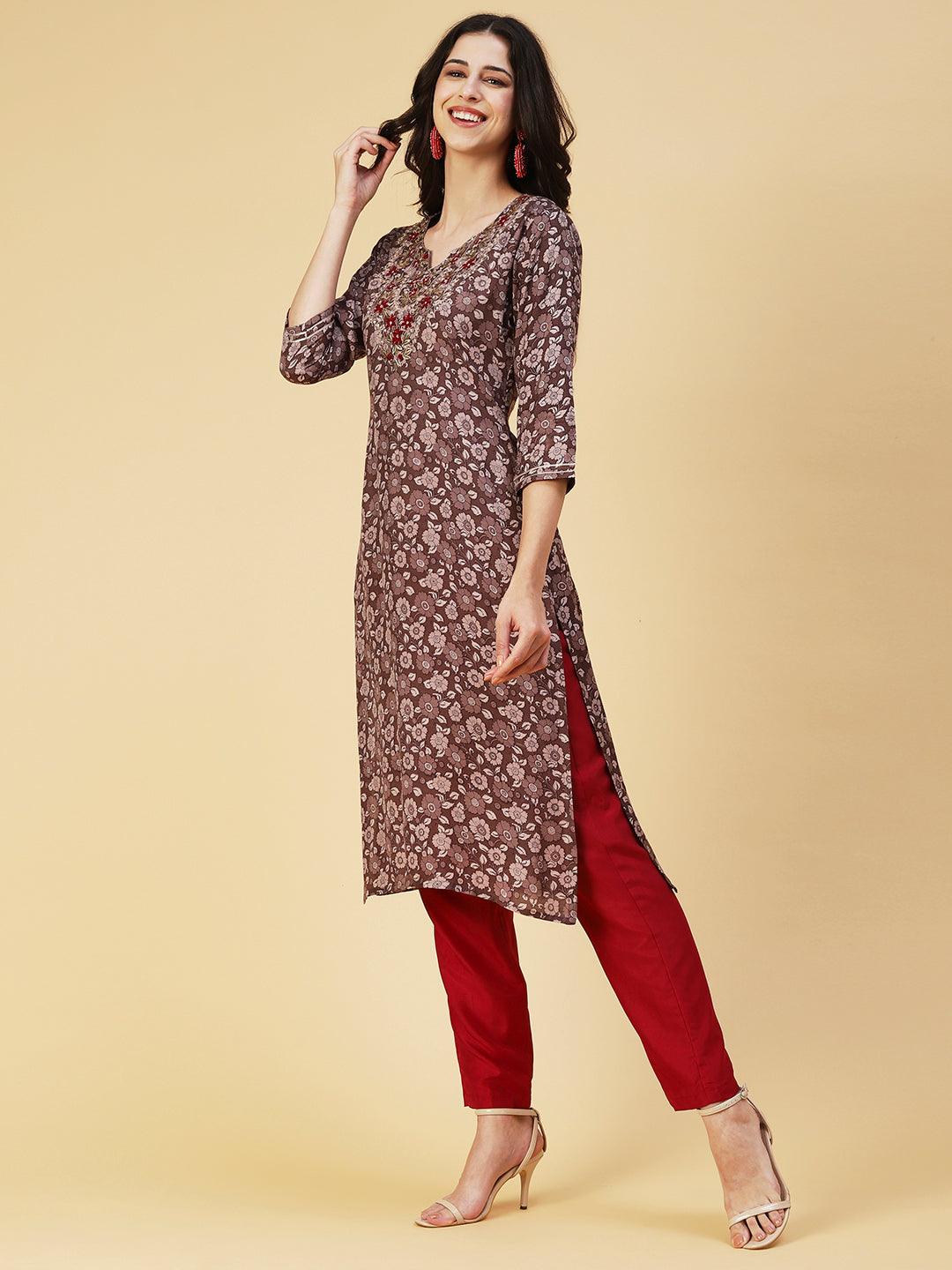 Floral Printed Hand Embroidered Kurta - Coffee Brown - Indiakreations