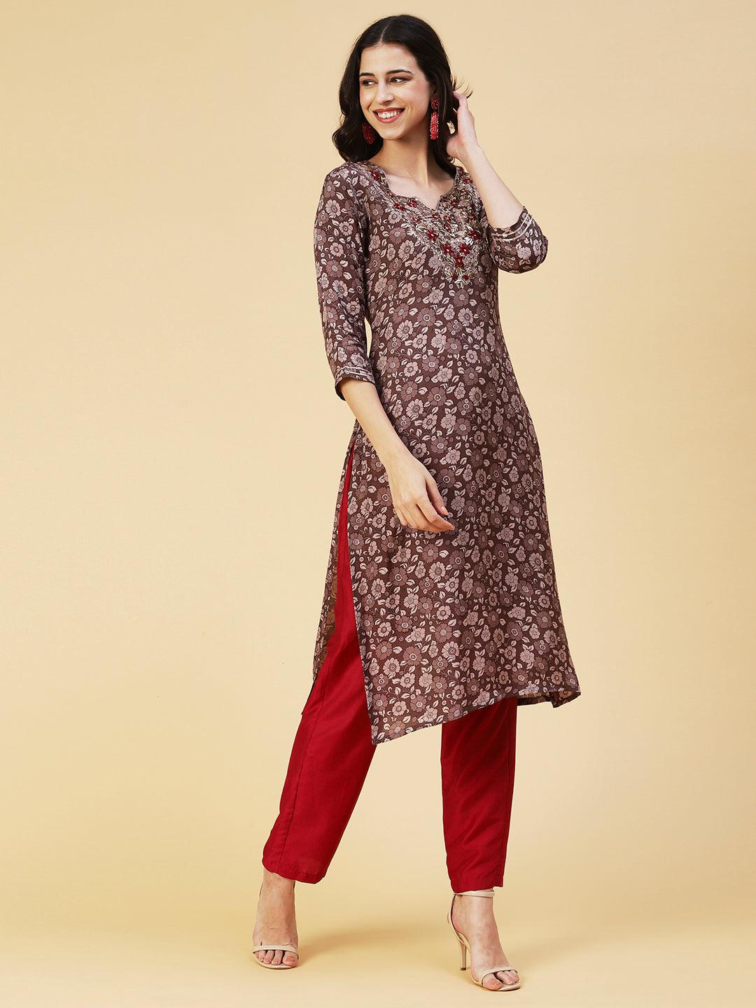 Floral Printed Hand Embroidered Kurta - Coffee Brown - Indiakreations