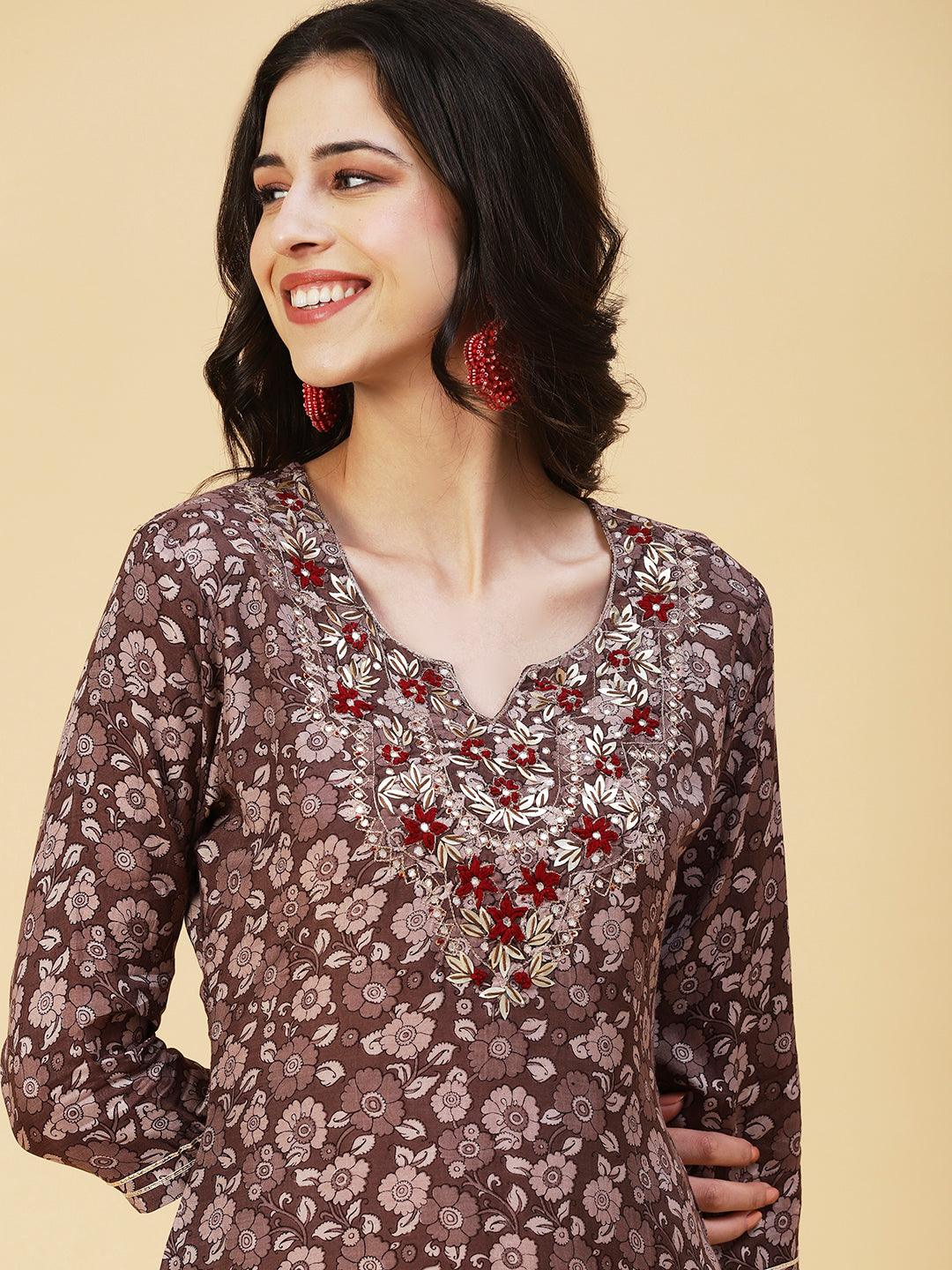 Floral Printed Hand Embroidered Kurta - Coffee Brown - Indiakreations