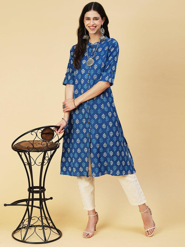 Ethnic Block Printed Kurta - Blue - Indiakreations