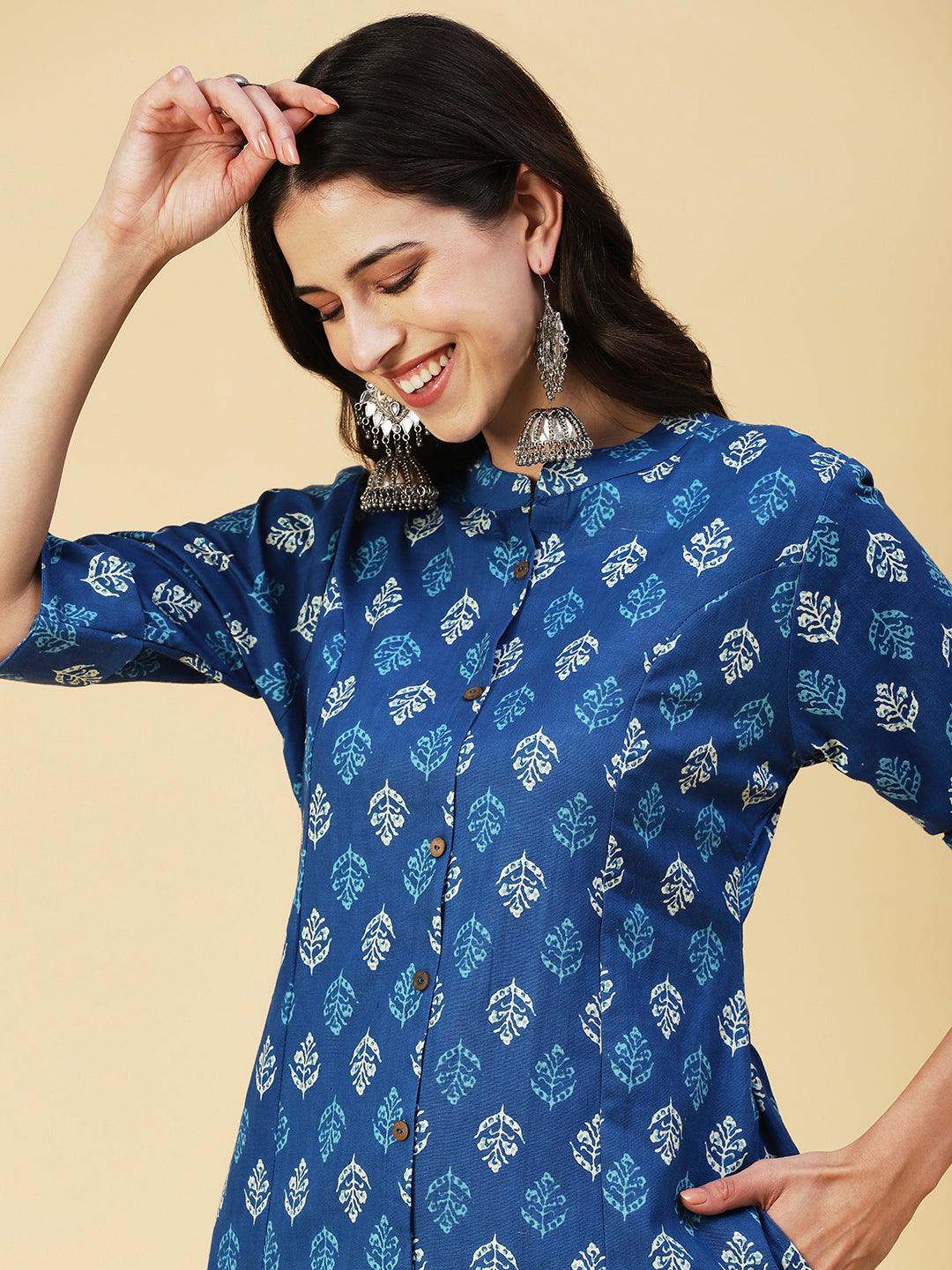 Ethnic Block Printed Kurta - Blue - Indiakreations