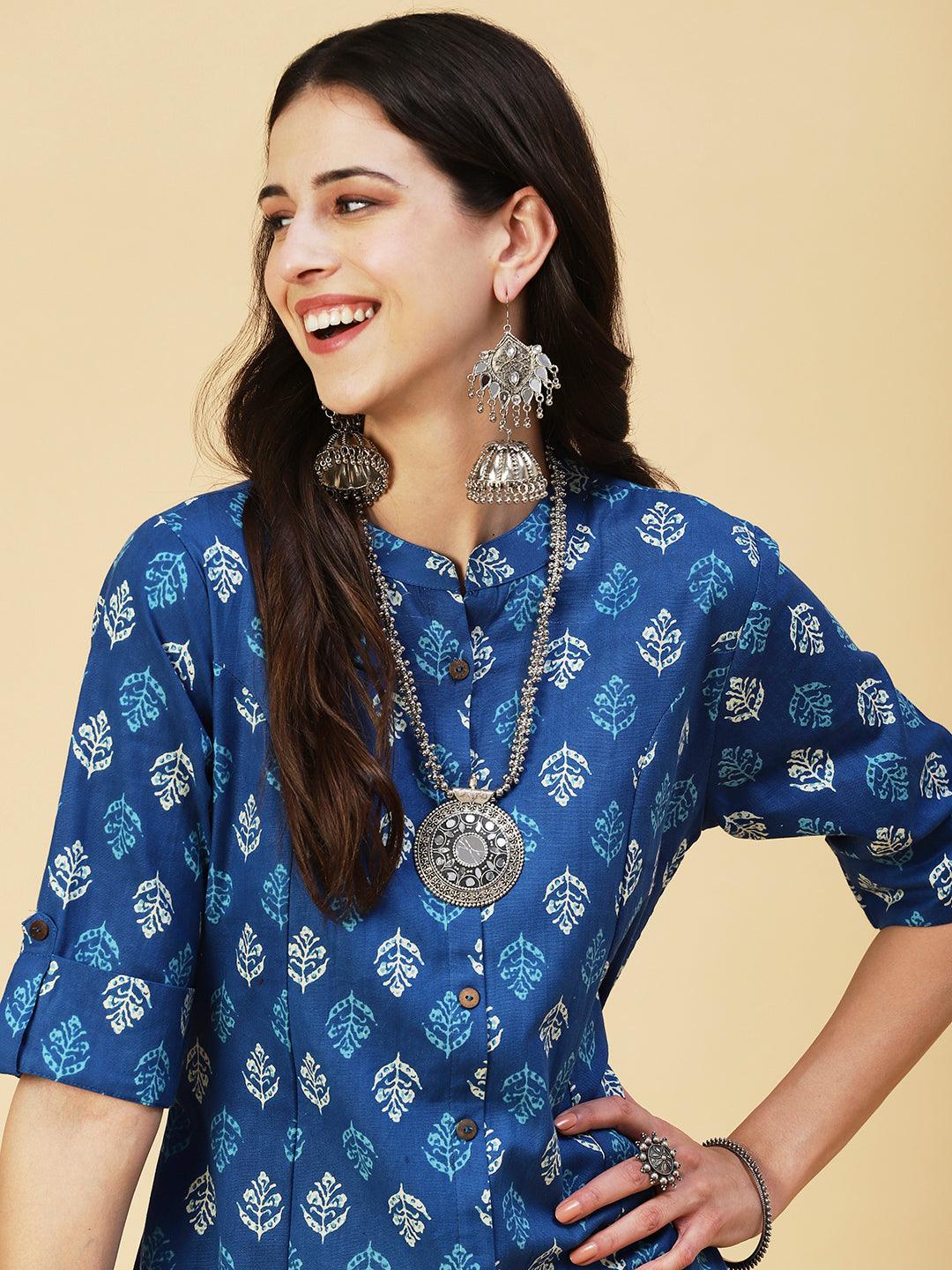 Ethnic Block Printed Kurta - Blue - Indiakreations